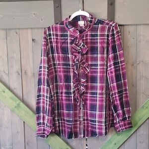 Chico's Pink and Blue Plaid Ruffle Blouse